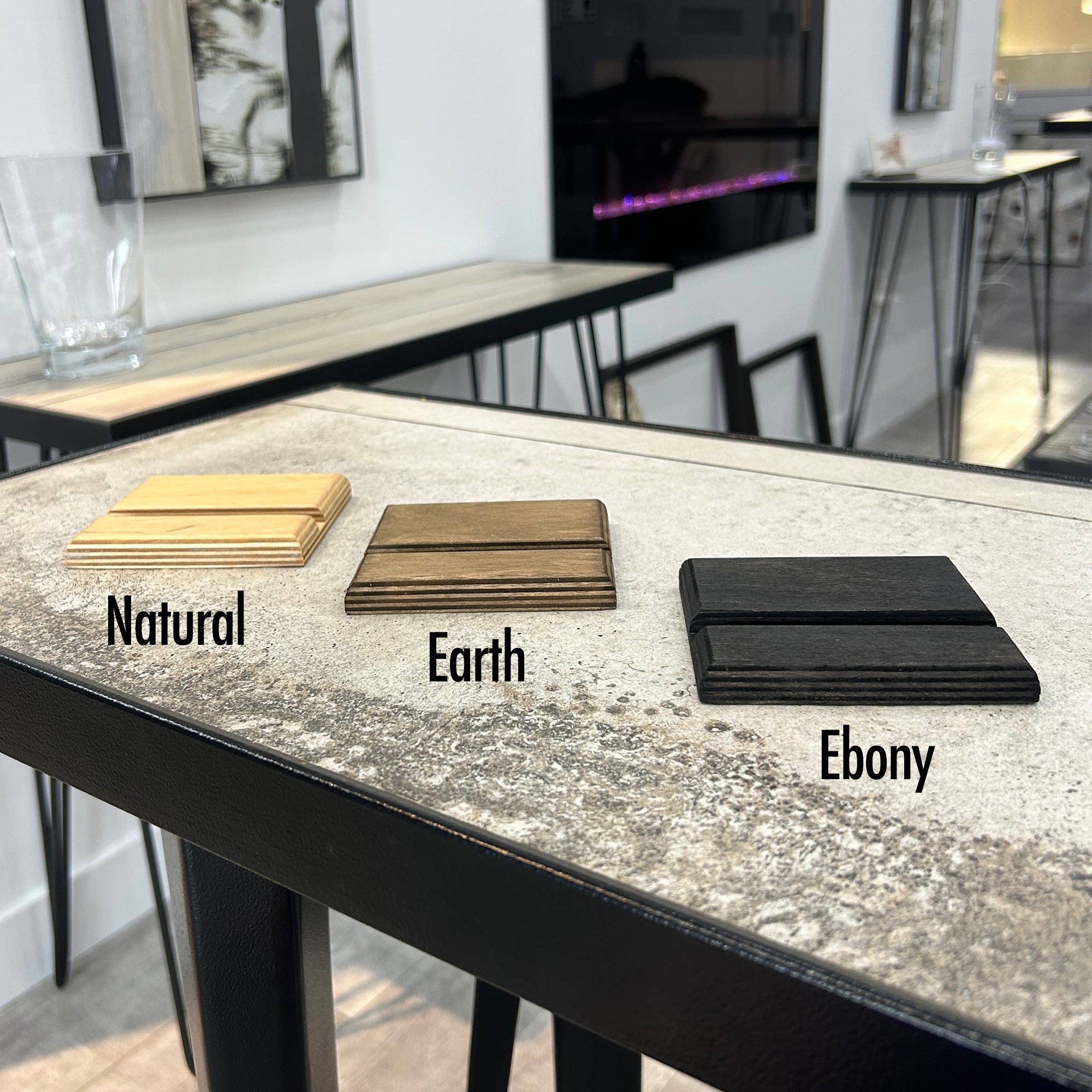Three color choices of baltic birch stands to display porcelain or baltic birch art tiles